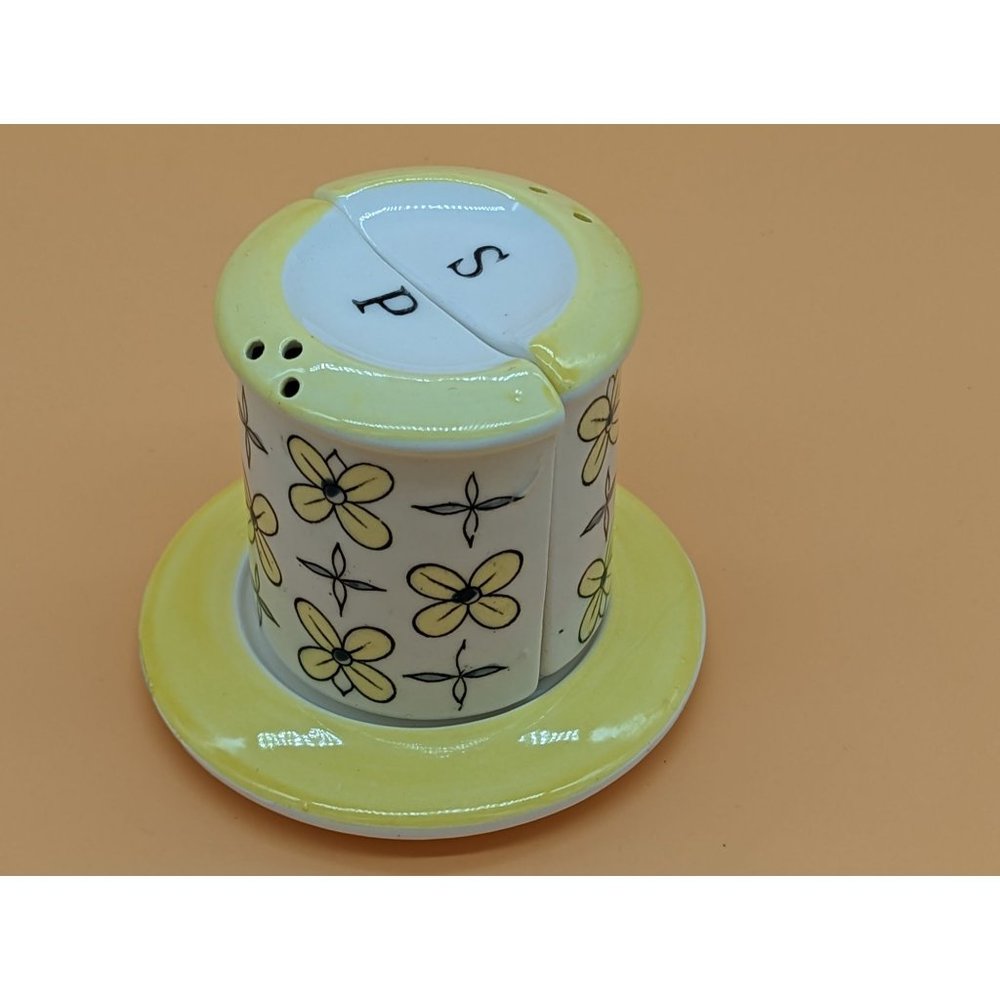 Vintage Salt and Pepper Shakers Yellow, White Flowers on dish